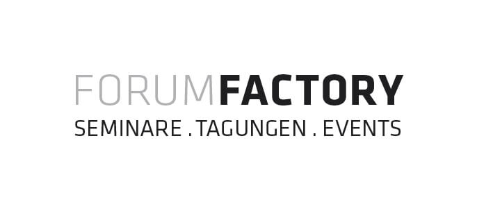 Logo der Forum Factory mit dem Schriftzug "Forum Factory" und den Untertiteln "Seminare. Tagungen. Events." in schwarzer und grauer Schrift.